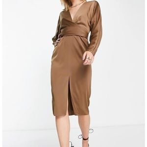 Asos long sleeve satin dress brown